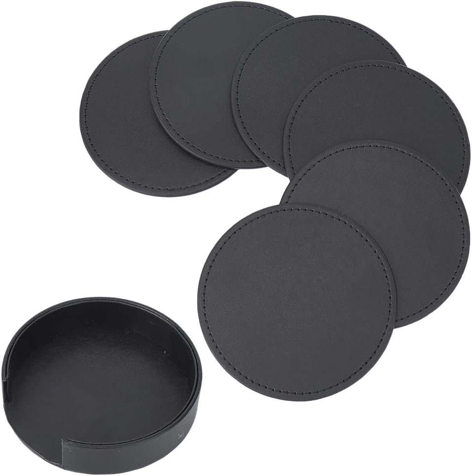 Set de dessous de verre avec support – antidérapant, en cuir PU, 10cm, noir