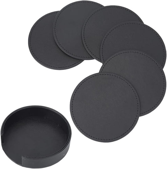Set de dessous de verre avec support – antidérapant, en cuir PU, 10cm, noir