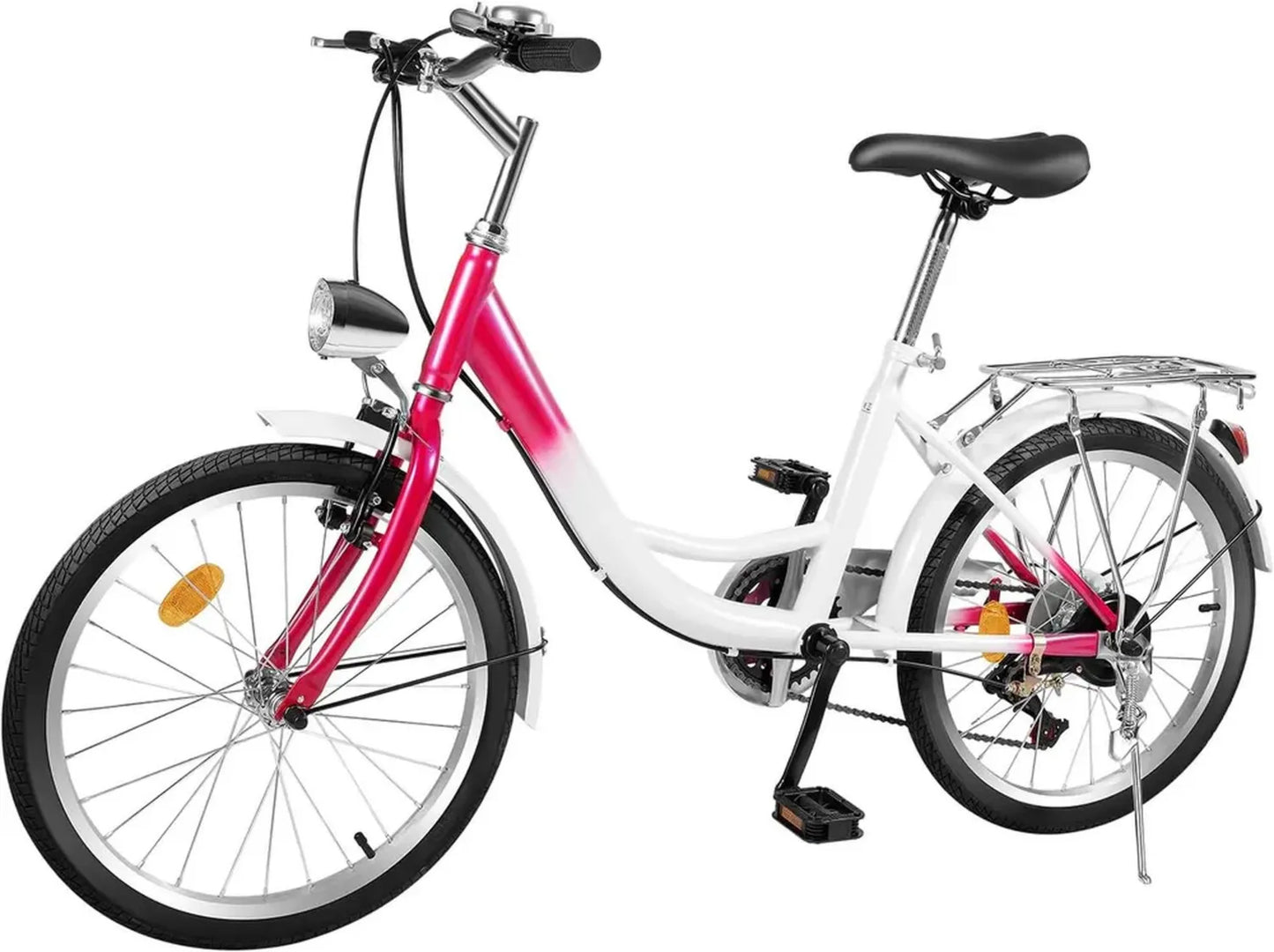 Vélo de ville pour enfant 20' - 6 vitesses - Rose - Mixte - Siège ajustable - Éclairage inclus - Garde-boue - Cadre en acier robuste