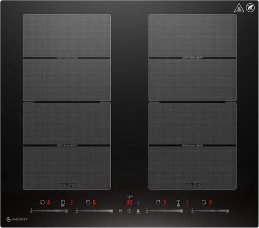 AMZCHEF plaque à induction 4 zones avec flexibilité et booster, fonctionnement silencieux, barbecue intégré, maintien au chaud, 7400W