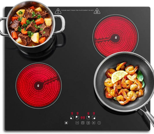 Plaque de Cuisson Vitrocéramique 60cm, 4 Zones, Commande Tactile, 6000W, 9 Vitesses, Minuterie 1-99 min, Compatible Tous Ustensiles
